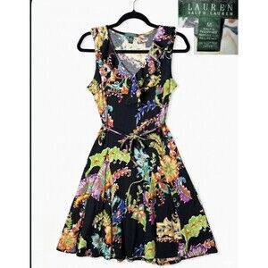 LAUREN Ralph Lauren Women's Medium Floral Fit & Flare Dress Sleeveless Ruffle V-